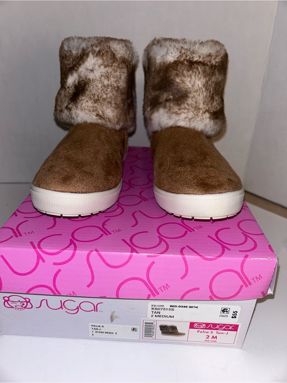 Sugar Kids Tan Faux-Suede Boots with Cream/Brown Faux Fur Cuff